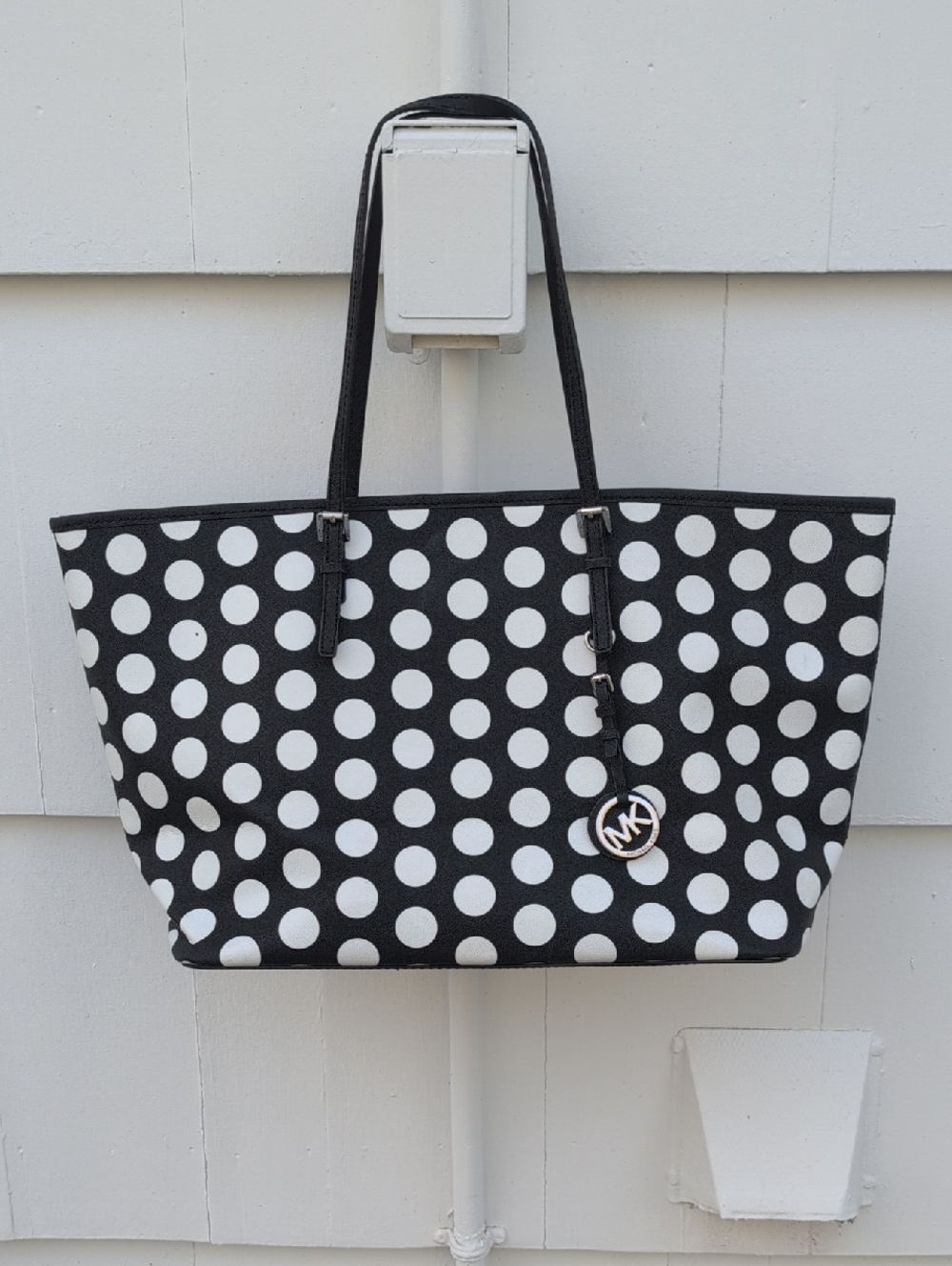 Michael Kors Black And White Polka Dot Large Jet Set Tote.